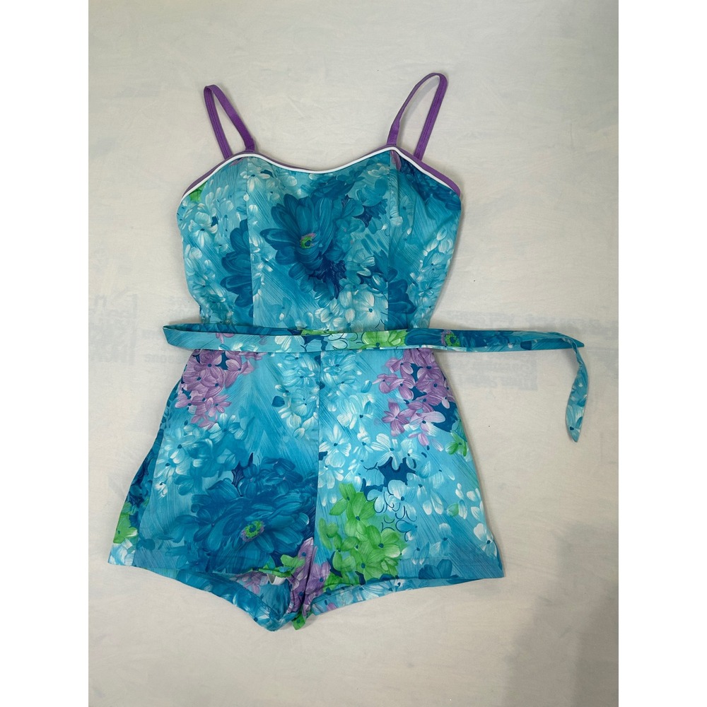 1060s Vintage DeWeese Design Floral Romper Blue Purple Straps Belted One Piece